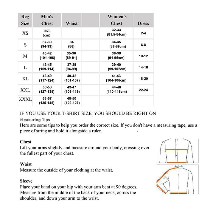 Heated Gear Jacket and Shirts Sizing Chart