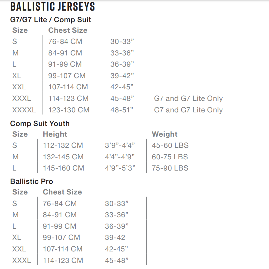 EVS Comp Suit Sizing